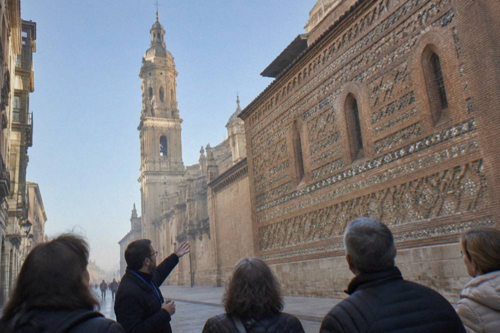 A guide explaining the brick facade of La Seo cathedral to a small group in a narrow Zaragoza street