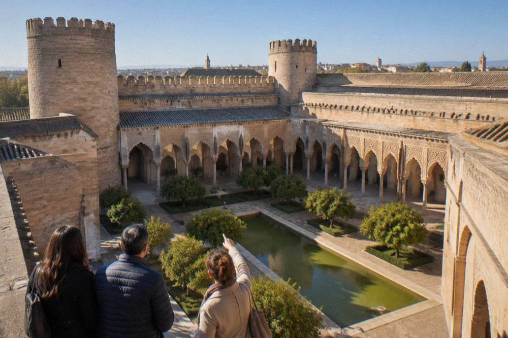A local guide pointing out details on the Aljaferia palace arcade to a couple on a private tour