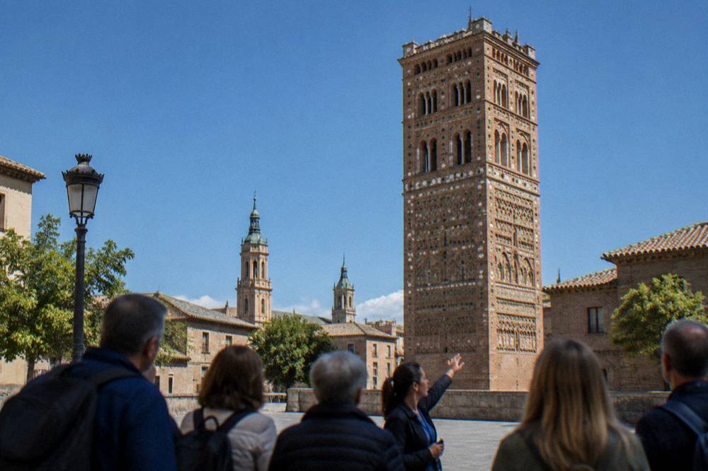 A tour group listening to a guide in a sunlit square in the Zaragoza old town with brick towers behind