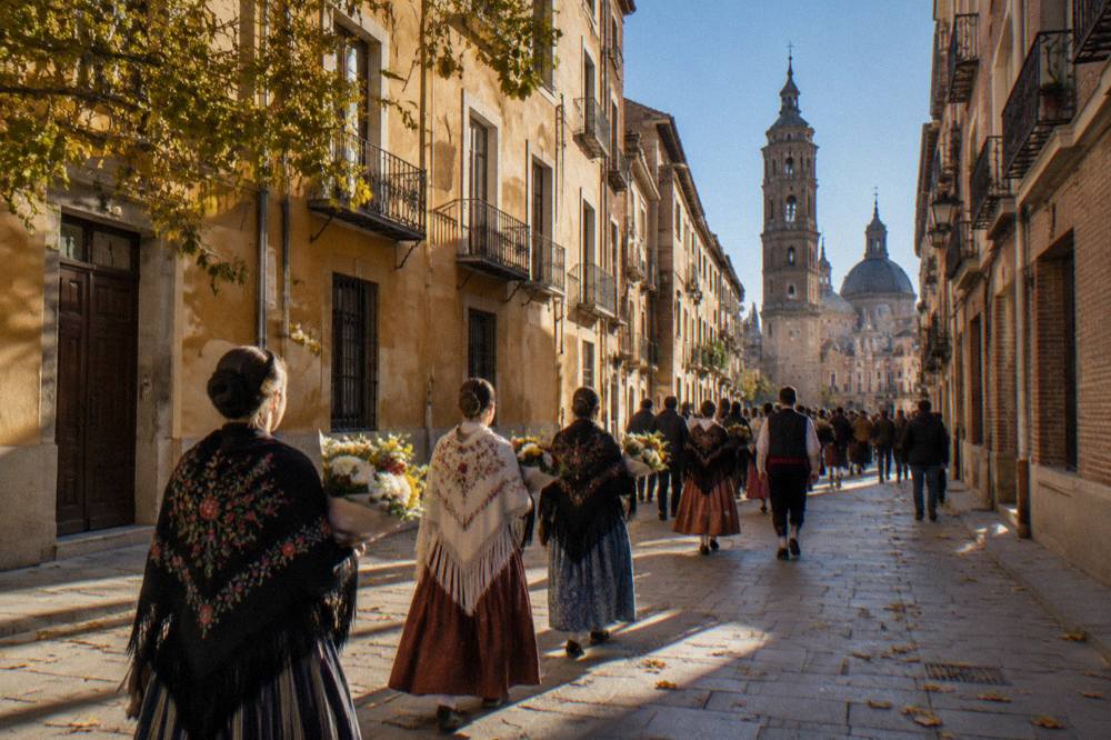 People in traditional Aragonese dress carrying flower bouquets toward the Basilica del Pilar during the October festival