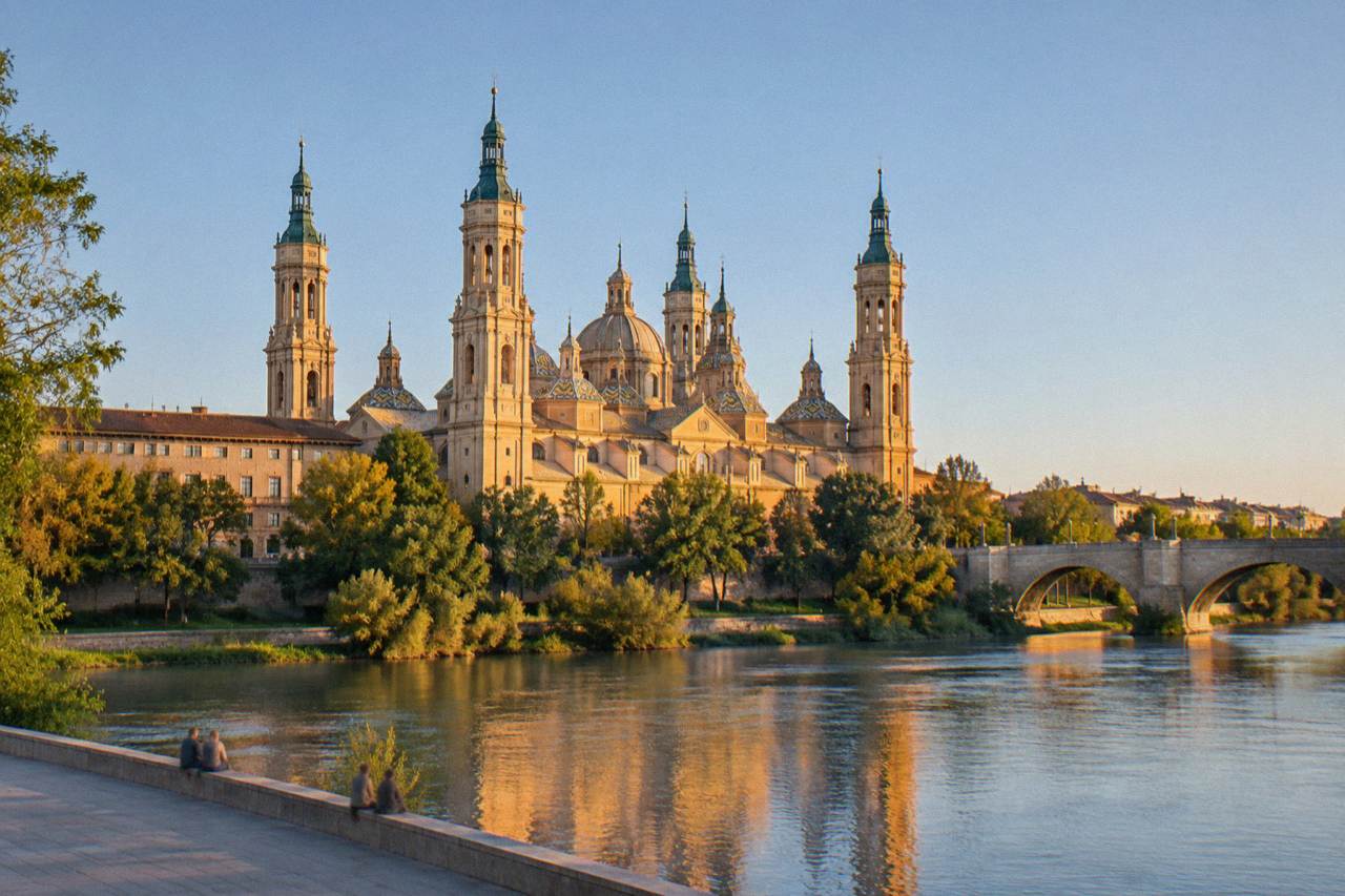The Basílica del Pilar and its towers seen from across the Ebro river at golden hour