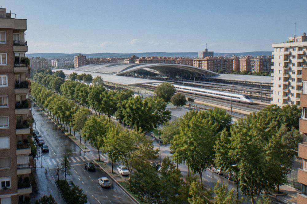 A high-speed train at Zaragoza-Delicias station under its sweeping roof