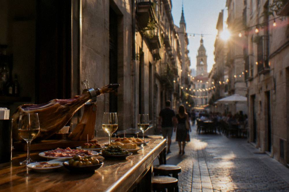A tapas bar counter in Zaragoza laid with small plates, wine glasses and jamón