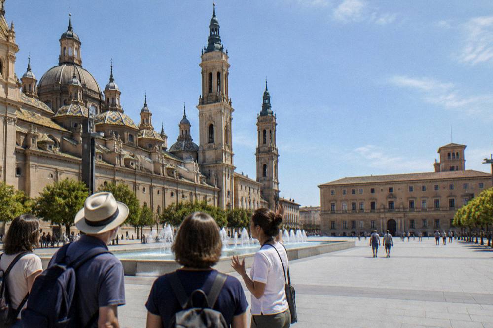 A guide leading a small group of visitors through a sunlit square in Zaragoza old town