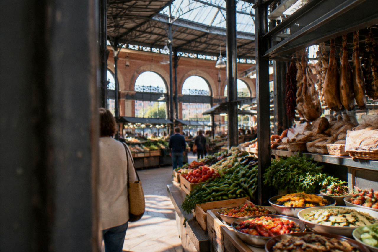 A colourful spread of vegetable dishes and fresh produce on a table in a sunlit Spanish kitchen