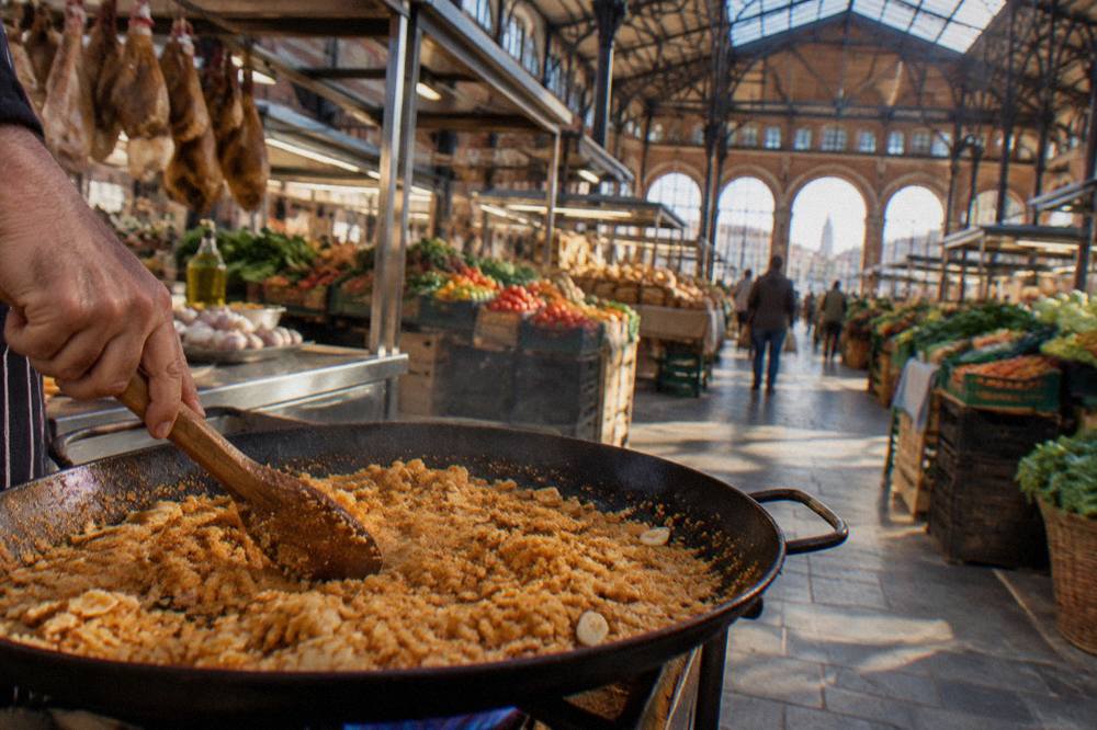 A pan of golden fried breadcrumbs with garlic being stirred over a flame