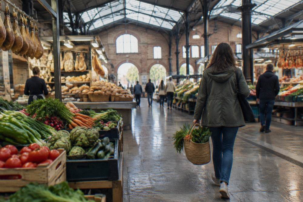 A shopper carrying a woven basket of fresh vegetables through a covered market hall