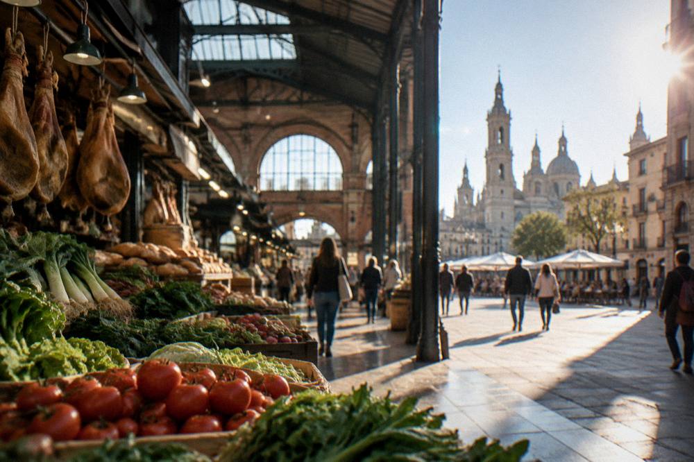 A sunny plaza in a Spanish city with cafe tables and people strolling between historic buildings