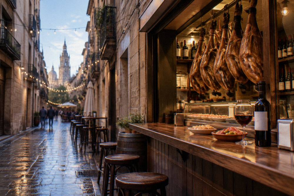 A traditional tapas bar counter in Zaragoza's old town with cured hams and local wine