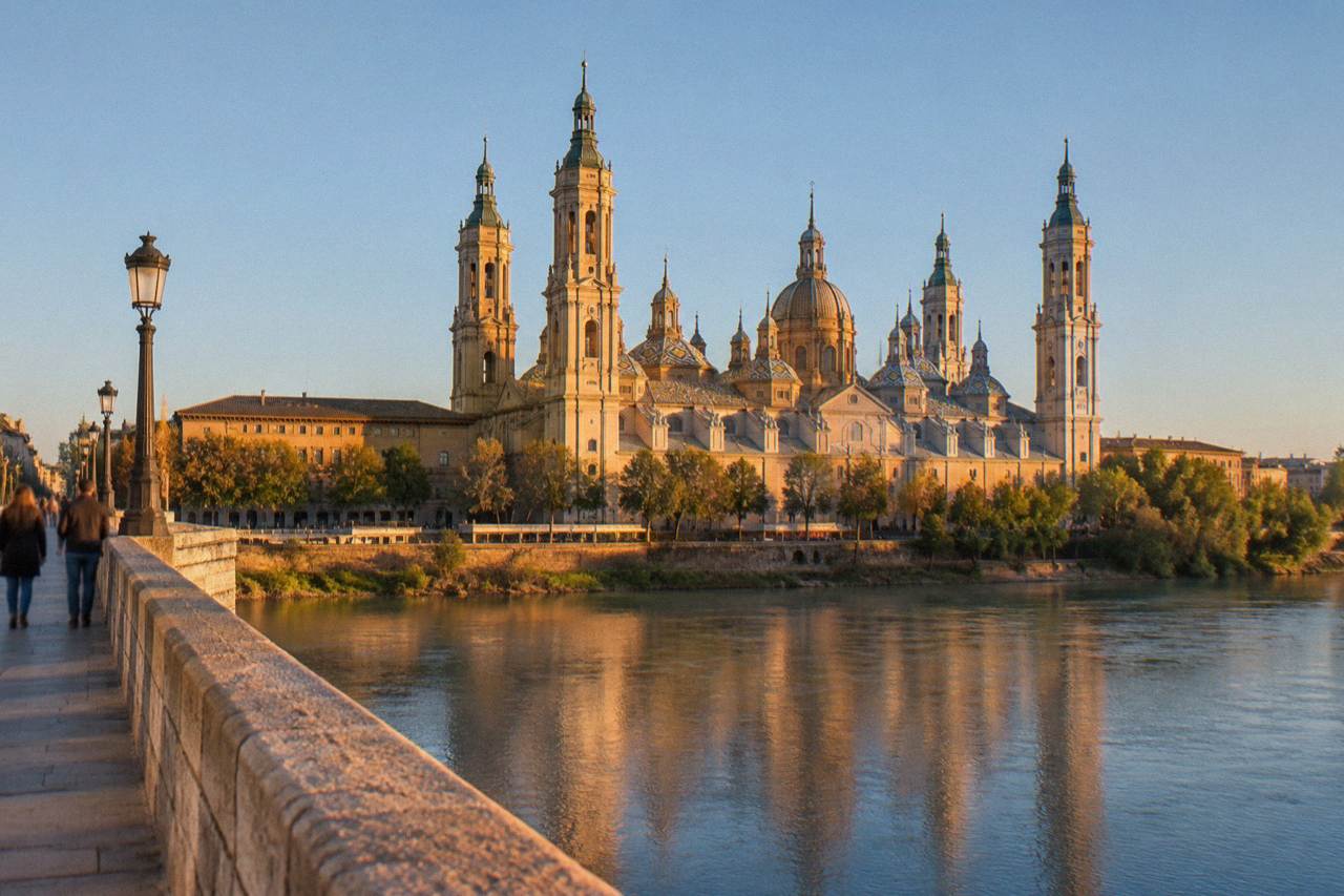 The Basilica del Pilar and the Ebro river seen from the Puente de Piedra at golden hour