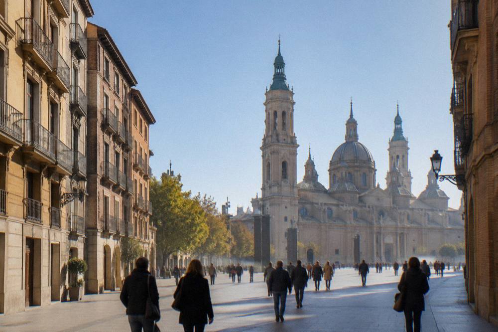 Visitors walking across a sunny square toward the baroque facade of the Basilica del Pilar