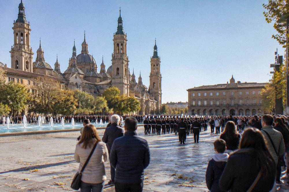 Crowds in coats watching a parade in Plaza del Pilar during the October fiestas