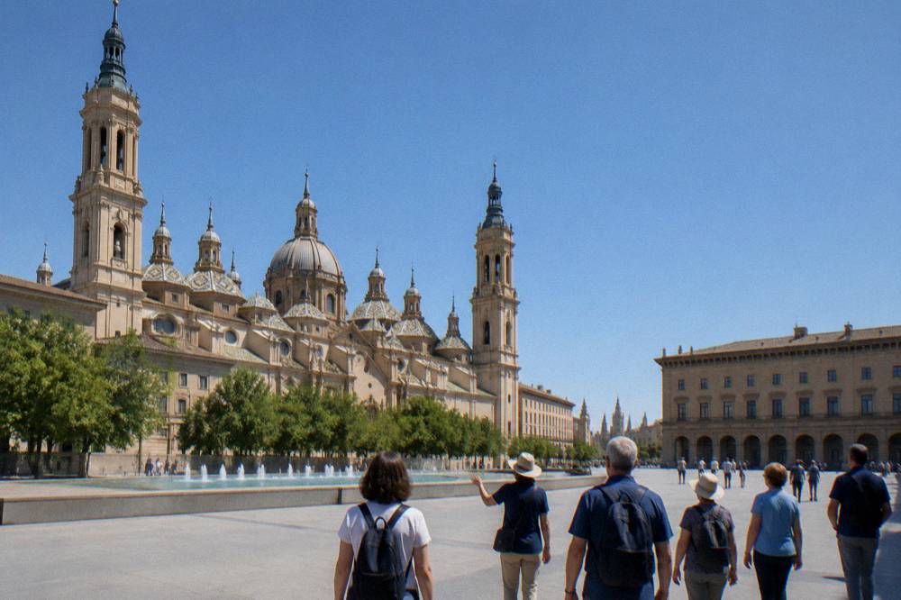 A guided walking group in a shaded old town street in Zaragoza