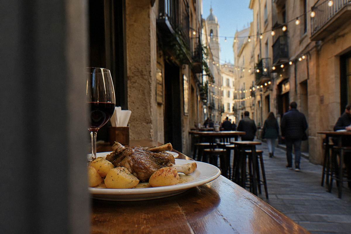 A pan of fried breadcrumbs with chorizo and grapes on a rustic table