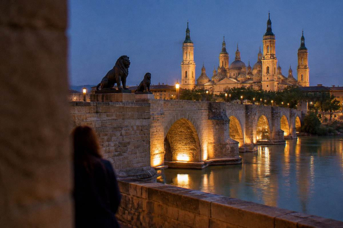 An old town square at night with people at outdoor tables