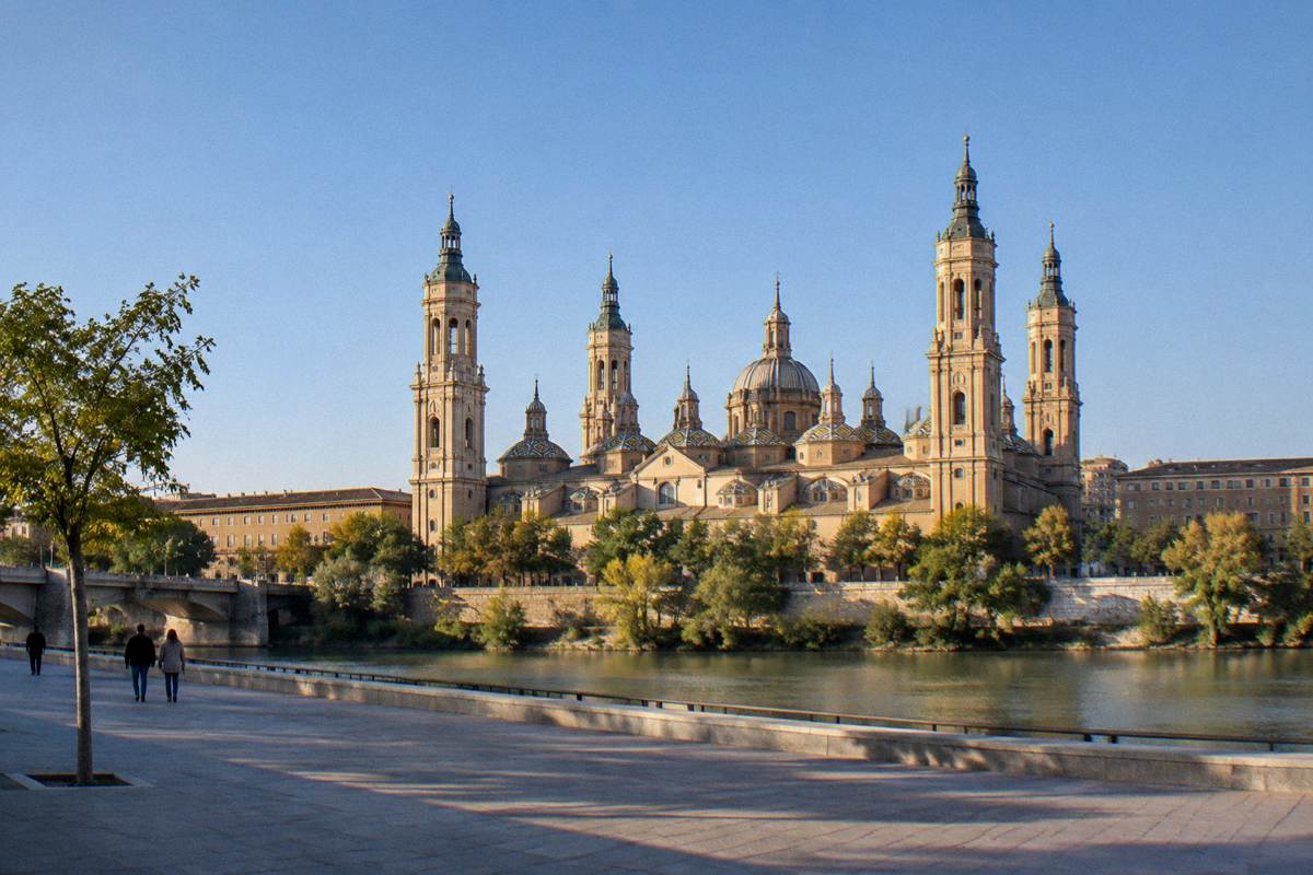 The Basilica del Pilar with its eleven tiled domes beside the Ebro