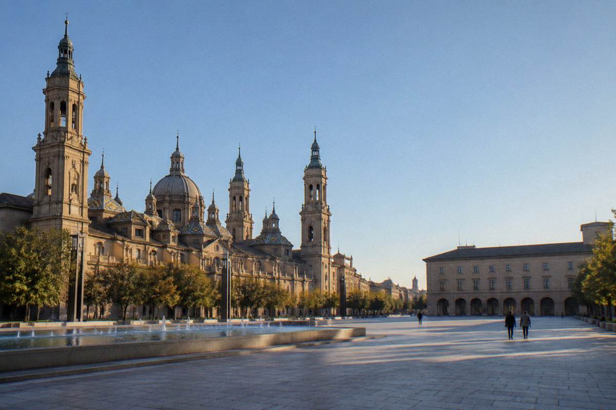 Early light on the tiled domes of the Basilica del Pilar above a quiet Plaza del Pilar