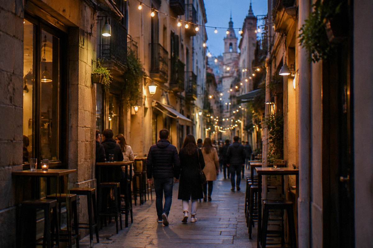 A narrow old town street in the evening with bar doorways lit and a few people walking
