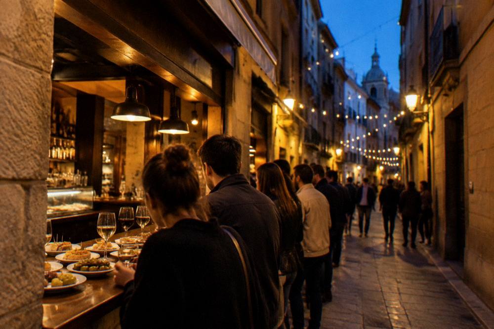 A crowded tapas bar counter in Zaragoza's old town at night with small plates and glasses of wine