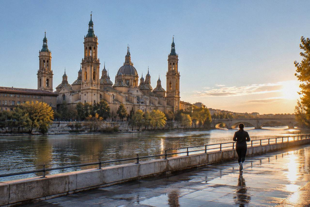 The Basílica del Pilar and its towers seen from across the Ebro river at golden hour