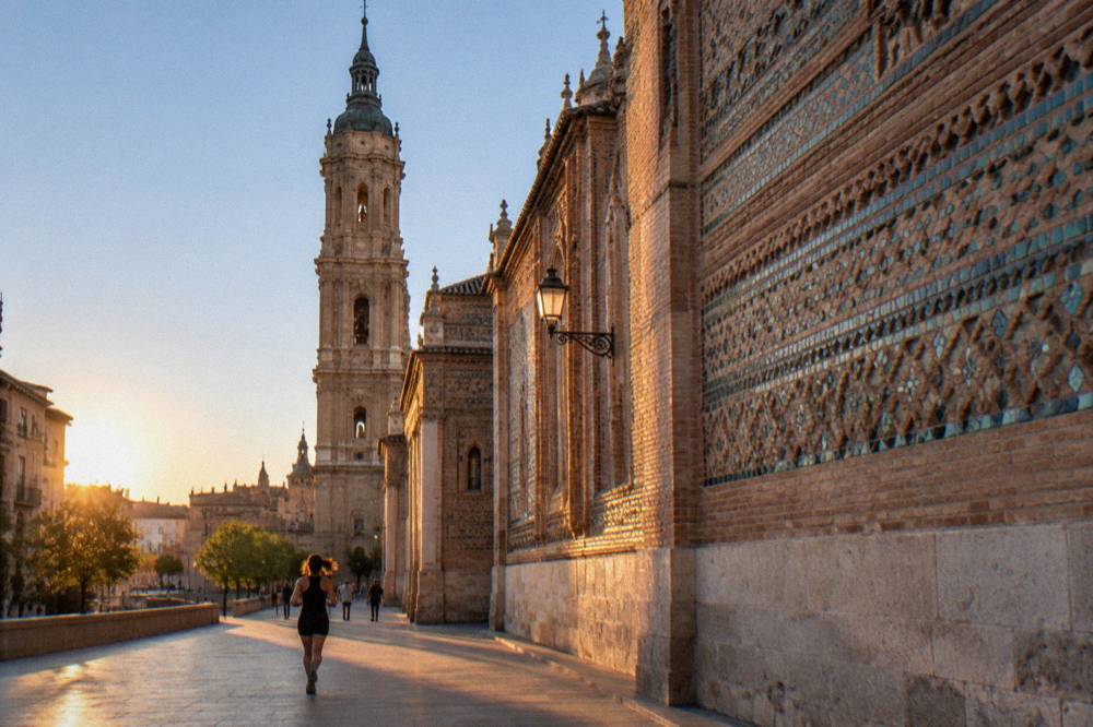 The Mudéjar wall and lantern of La Seo cathedral rising above the old town rooftops