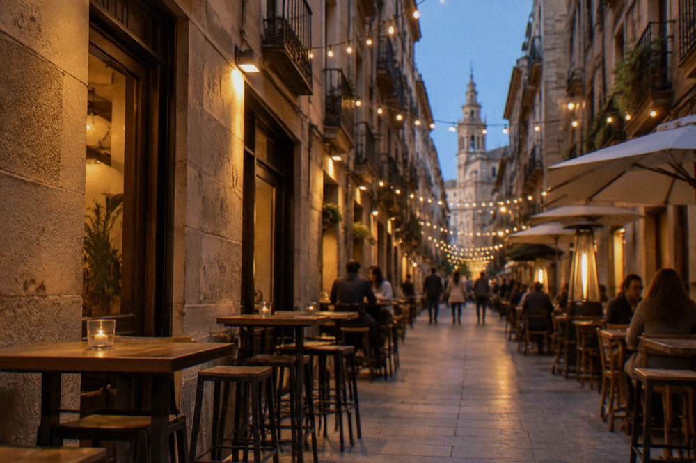 A narrow tapas bar street in Zaragoza at night with tables outside and warm lighting