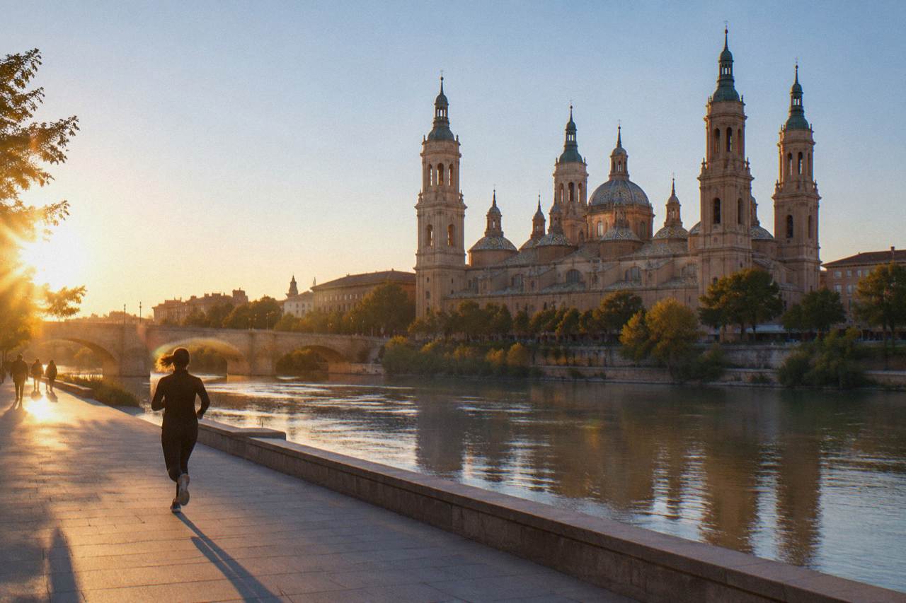 The Basilica del Pilar and its towers rising above the Ebro river in Zaragoza at golden hour