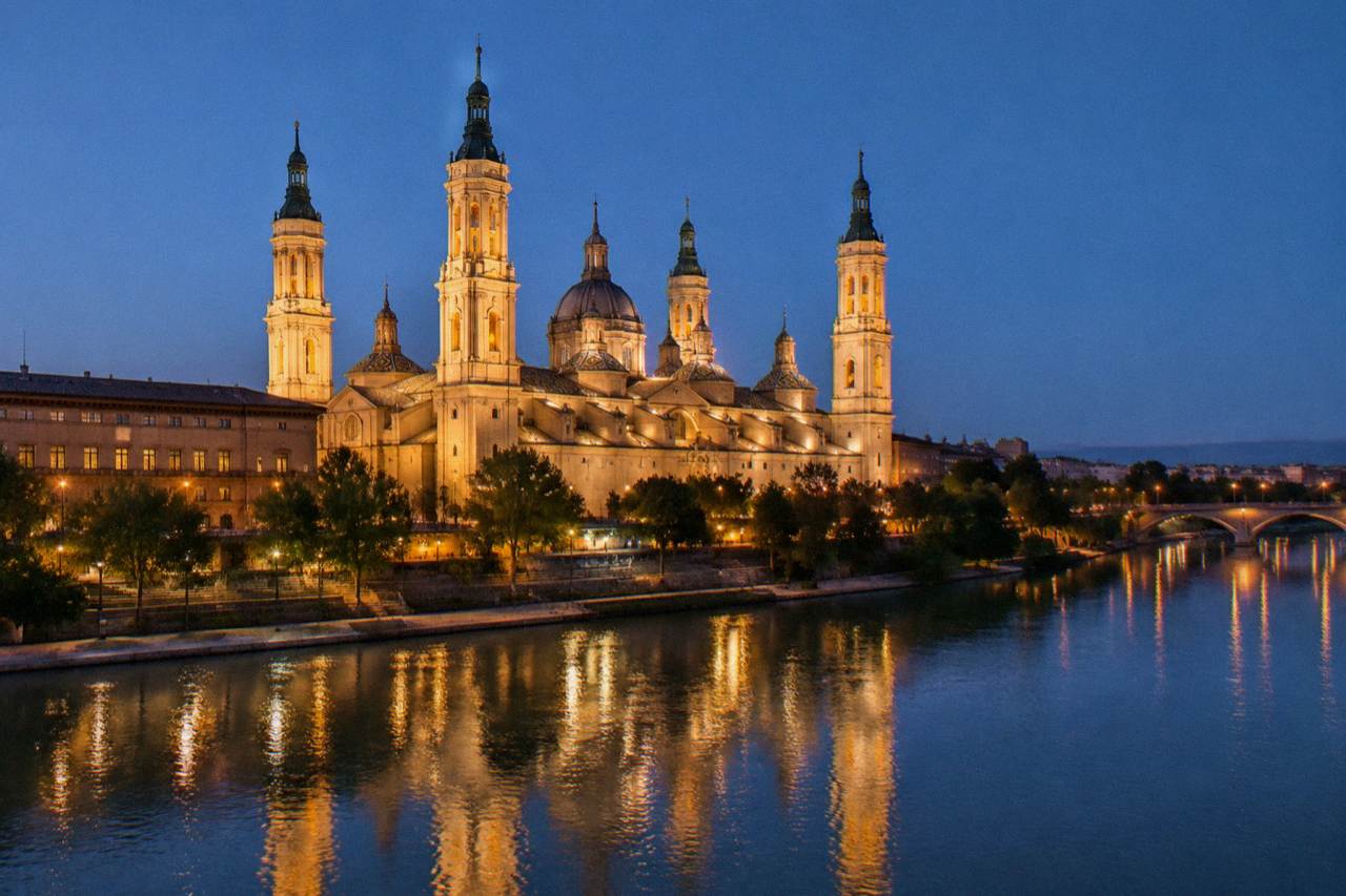 The illuminated Basilica del Pilar seen from across the Ebro river at night