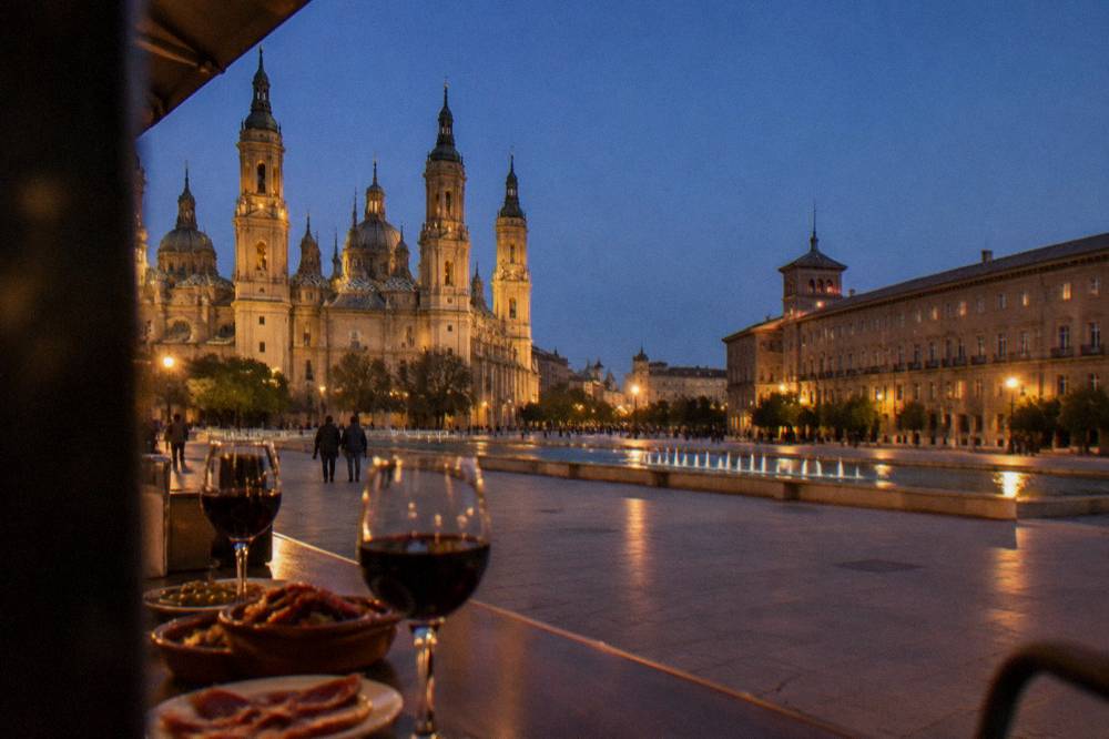 Glasses of red wine and tapas plates on a bar counter in the evening