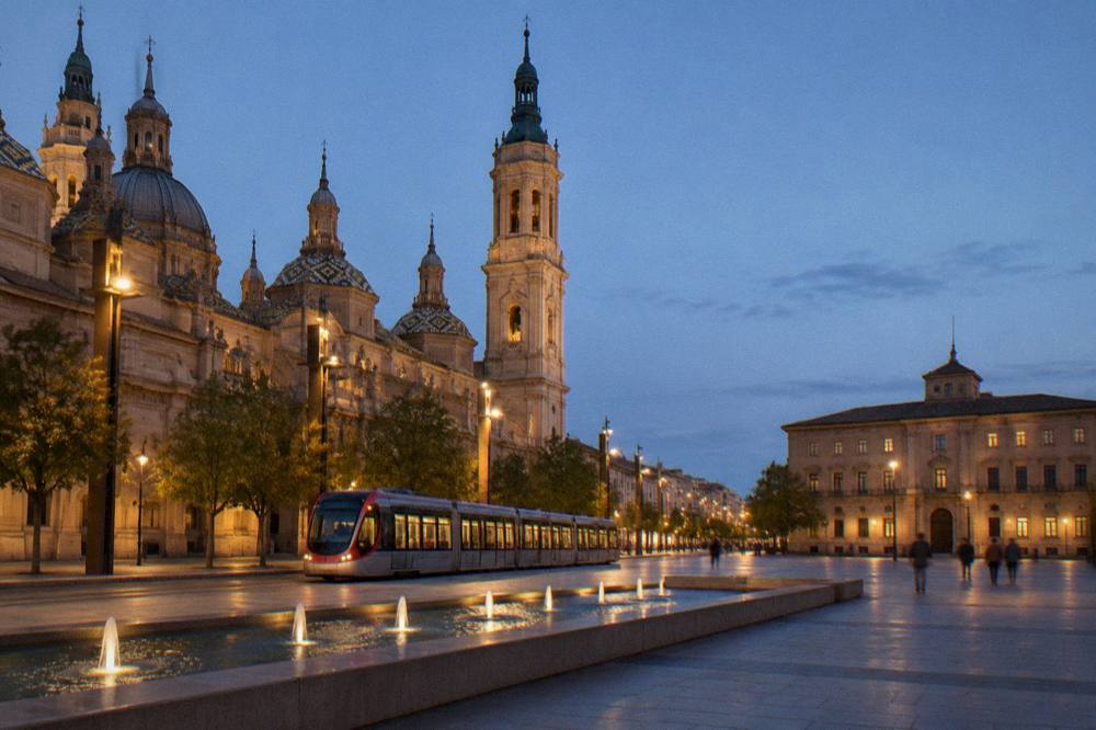 A tram passing illuminated buildings on a Zaragoza street in the evening