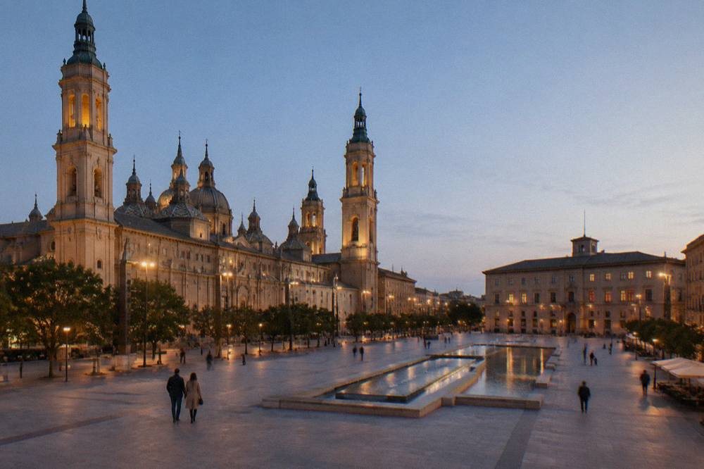 A couple walking across a lit square in central Zaragoza in the evening