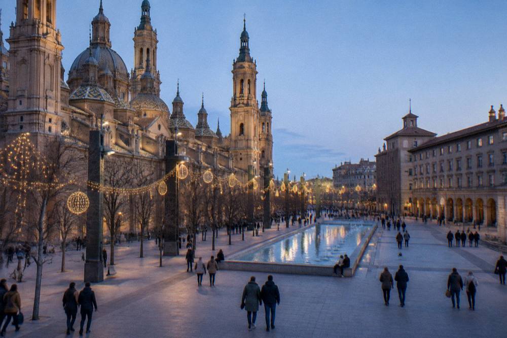 Christmas lights strung above an evening street in Zaragoza with people walking below