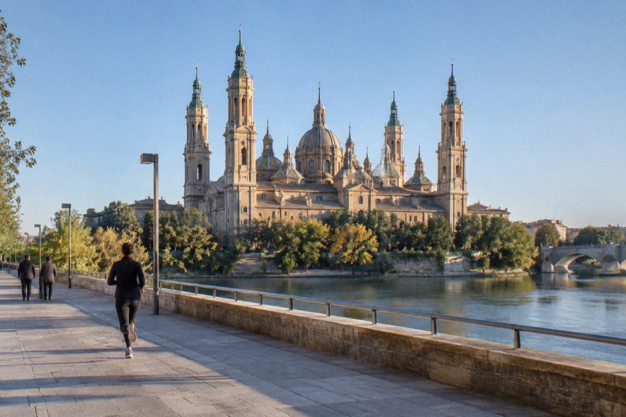 The Basilica del Pilar and its domes rising above the Ebro river in Zaragoza under a clear sky