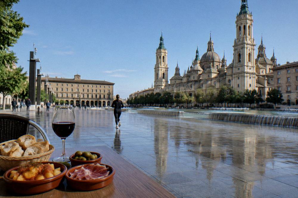 A table set with Aragonese tapas, bread and wine in a small Zaragoza bar