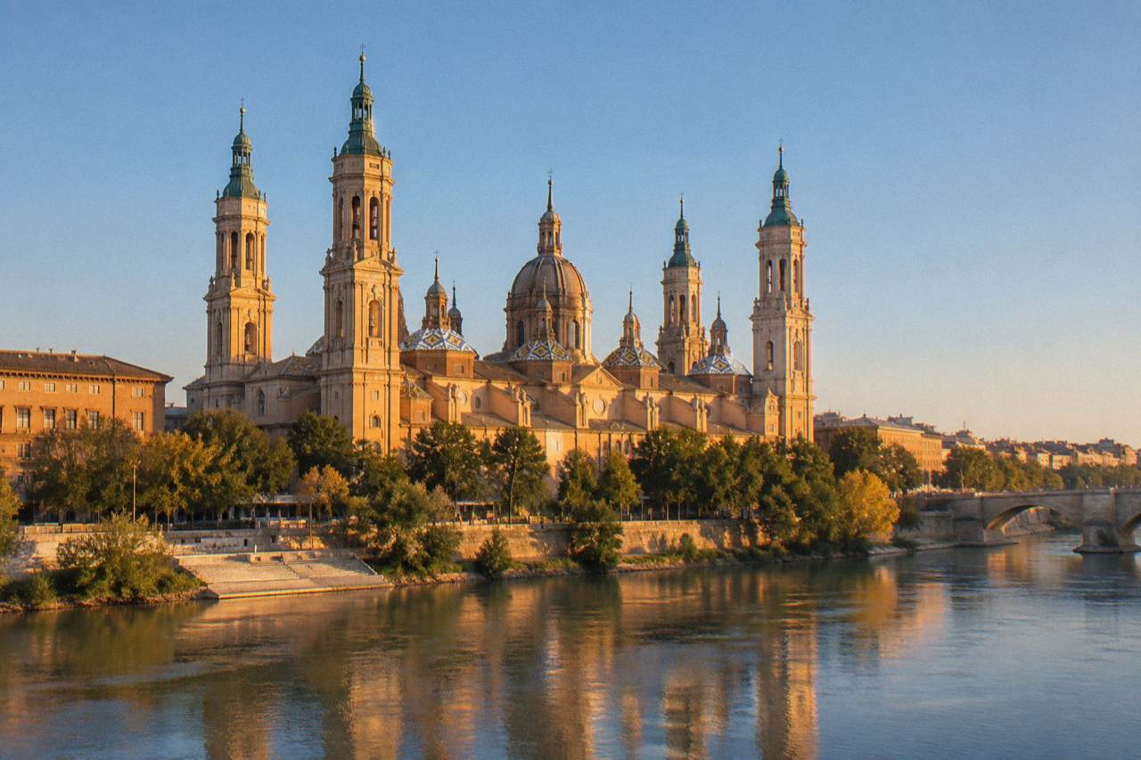 The Basilica del Pilar and its towers seen from across the Ebro river at golden hour