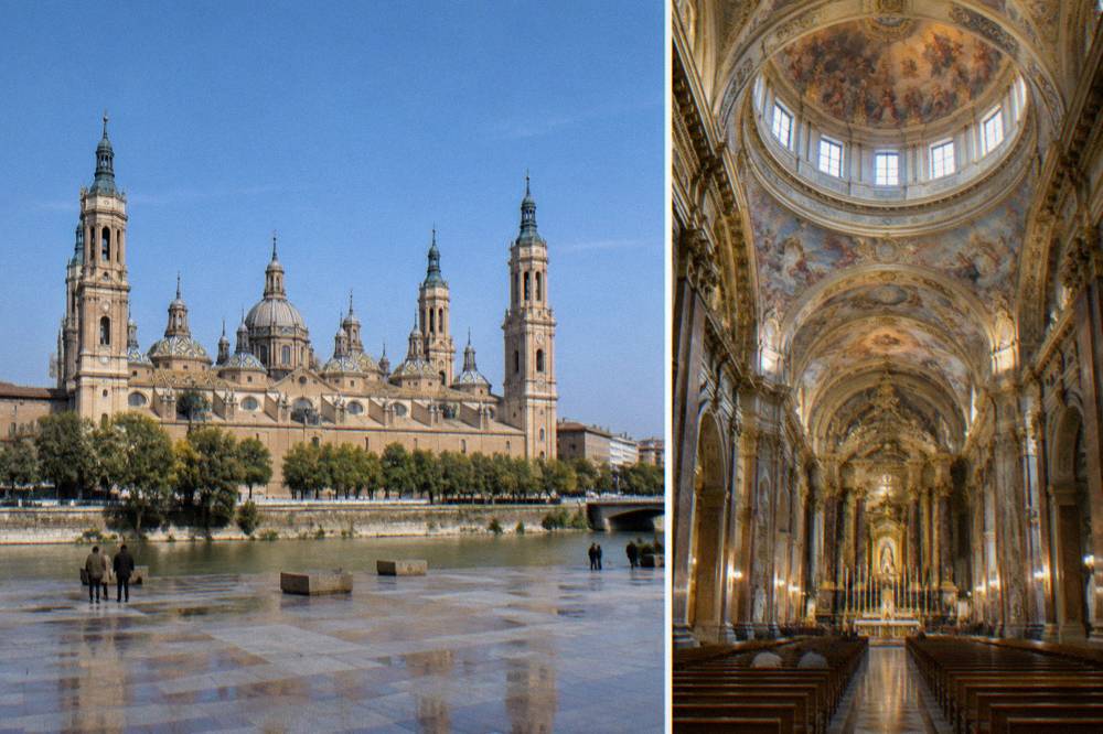 The baroque interior of the Basilica del Pilar with painted domes above the main altar