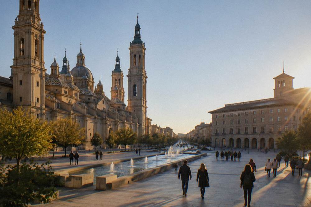 Visitors walking through the old town streets of Zaragoza between stone buildings in late afternoon light