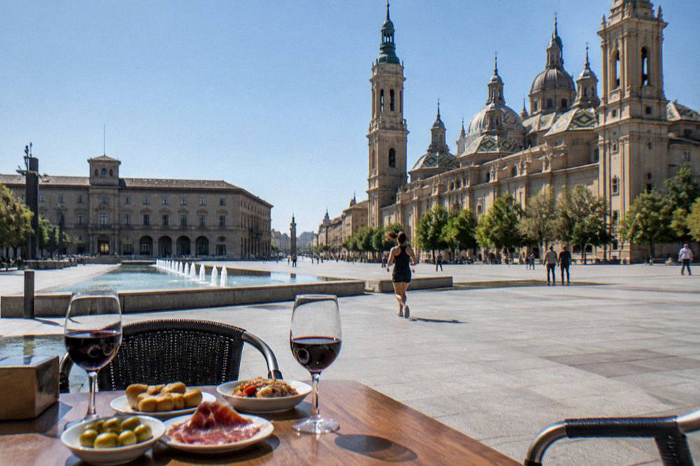 A table with small plates of tapas and glasses of red wine in a Zaragoza bar