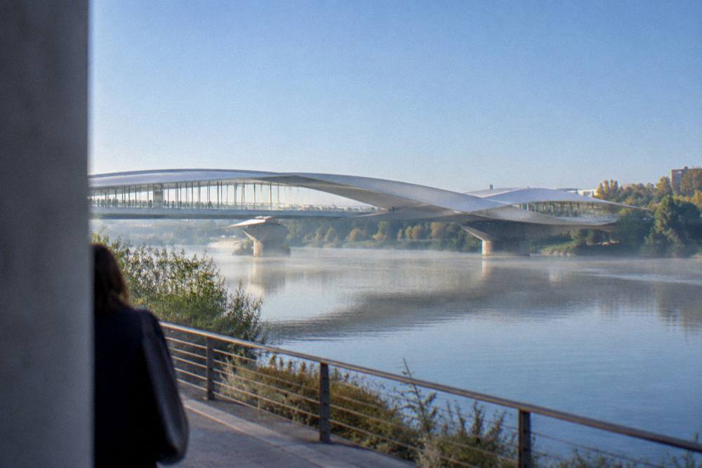 The modern bridge pavilion and riverbank of the Ebro at the Expo 2008 site in Zaragoza
