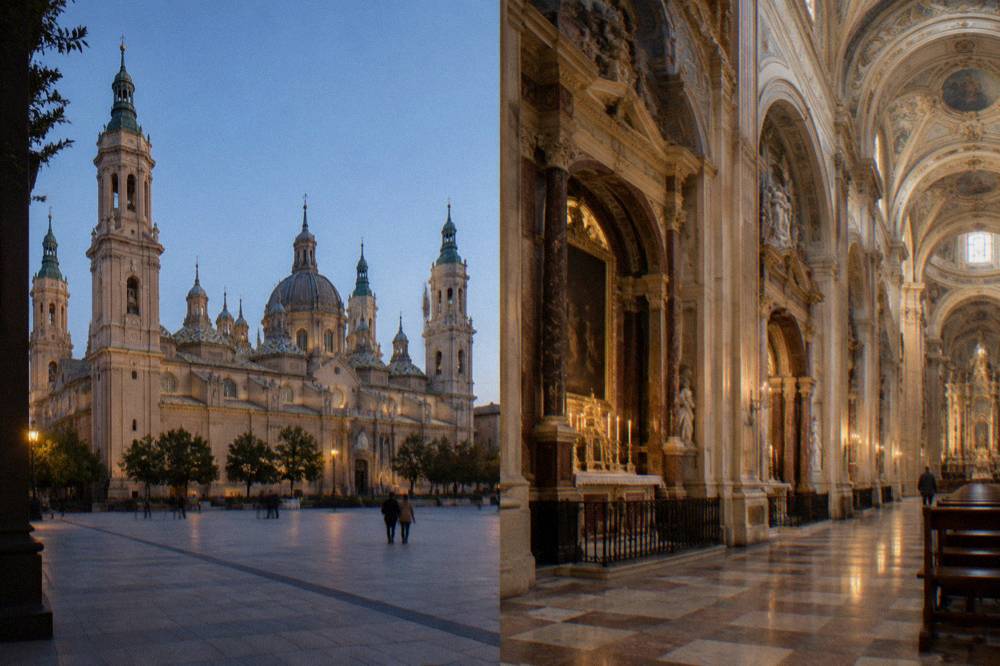 Interior of the Basilica del Pilar in Zaragoza with vaulted ceilings and side chapels