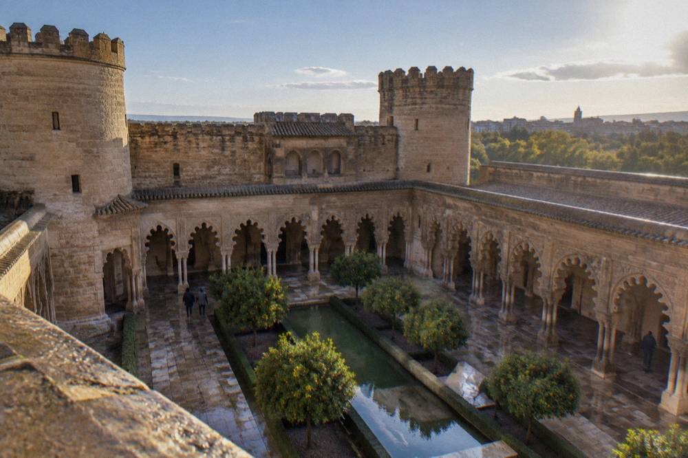 Ornate arched courtyard of the Aljaferia palace in Zaragoza