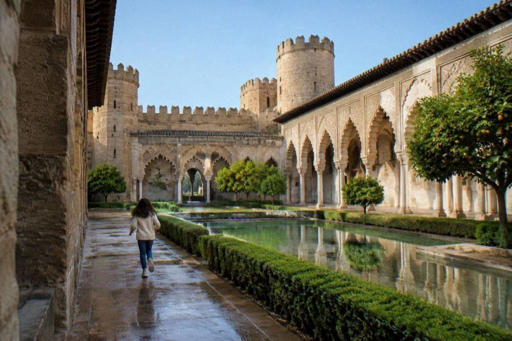 Carved plaster arches and geometric decoration inside the Aljaferia in Zaragoza