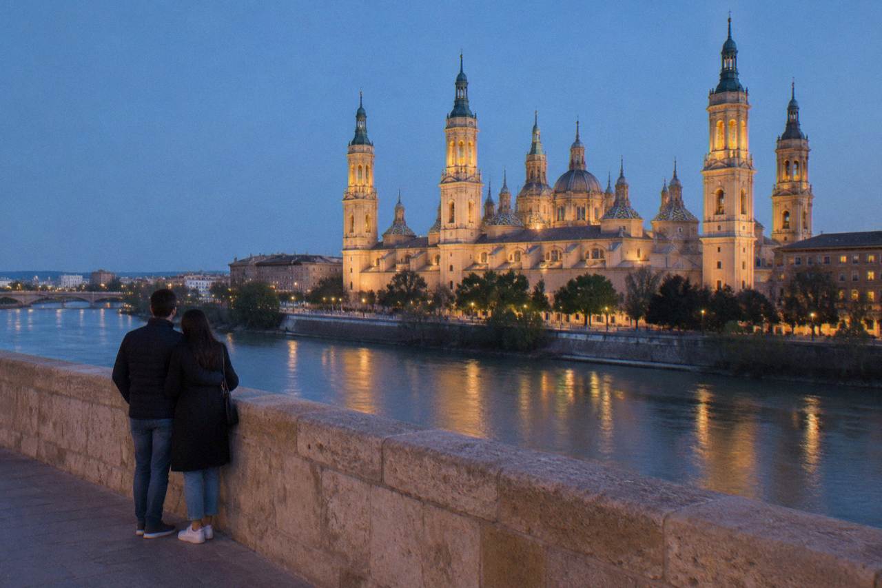 A couple standing on the Puente de Piedra at dusk with the Basílica del Pilar lit up behind them