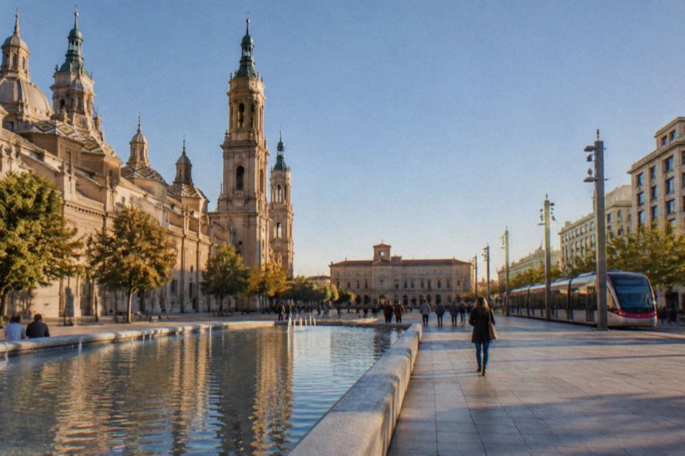 A Zaragoza tram passing modern buildings on a sunny street