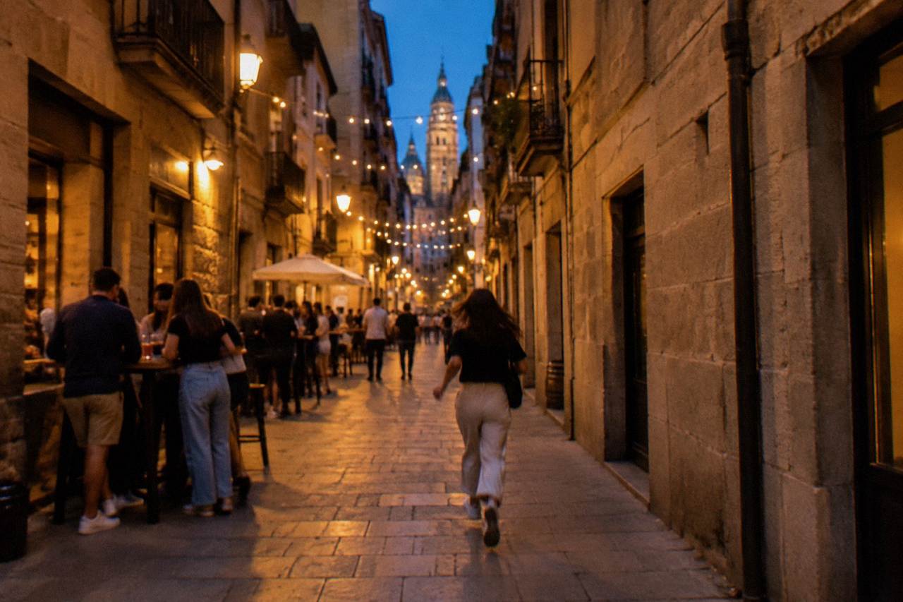 Evening crowds outside tapas bars in the old town of Zaragoza, with stone facades lit by warm street lamps