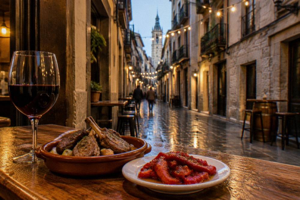 Small plates of Aragonese lamb and roasted peppers on a wooden bar counter