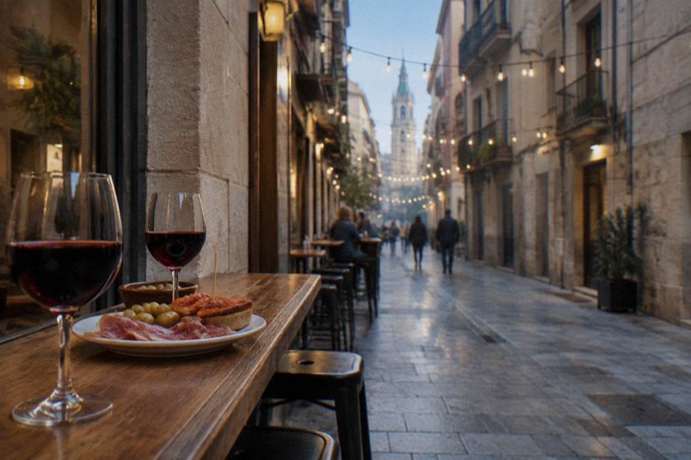 Glasses of red Aragonese wine on a wooden bar beside a plate of tapas