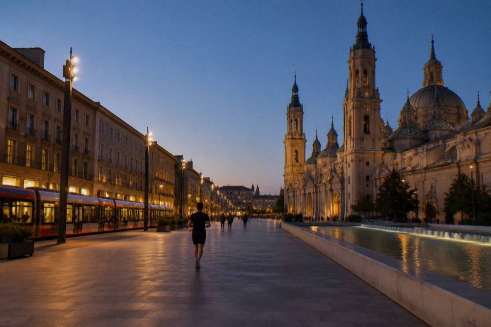 A tram passing along a Zaragoza street at dusk with lit shopfronts behind it