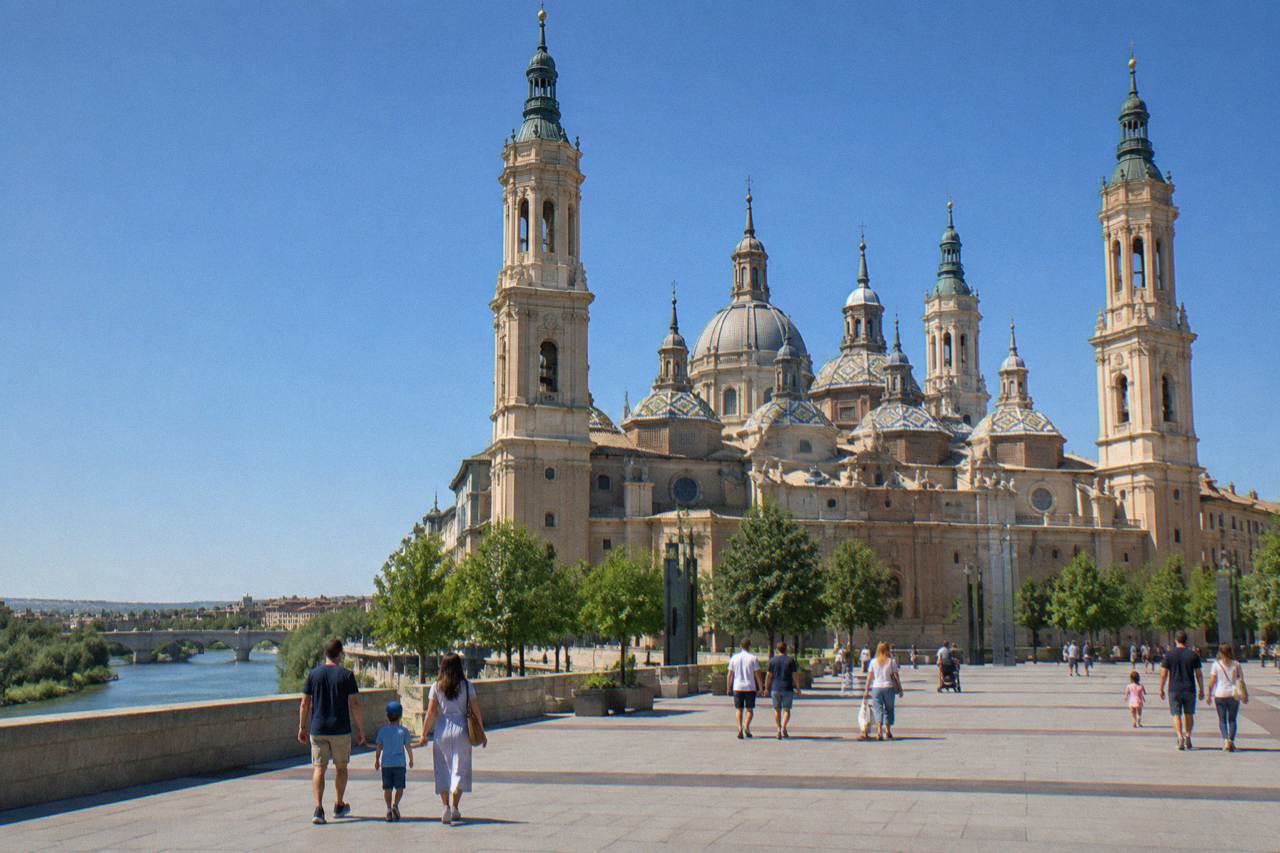 Families walking across a wide stone plaza in front of a large baroque basilica with tiled domes