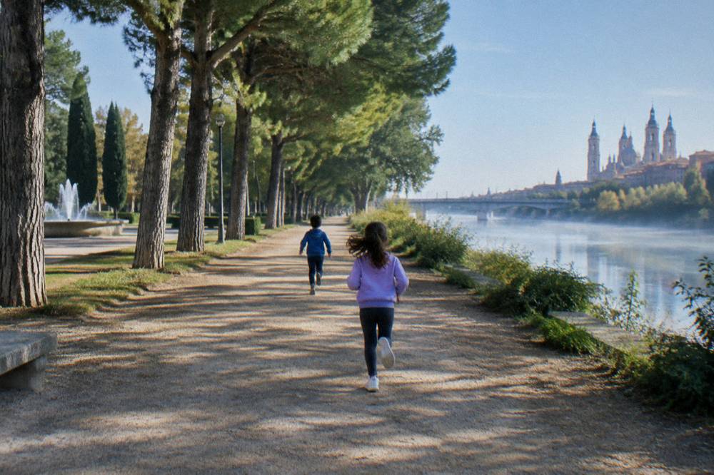 Children running along a wide riverside path lined with trees on a bright afternoon
